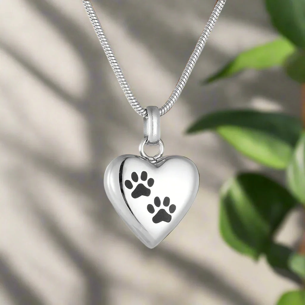 Pet Memorial Urn Necklace – Heart-Shaped Pendant with Paw Engraving