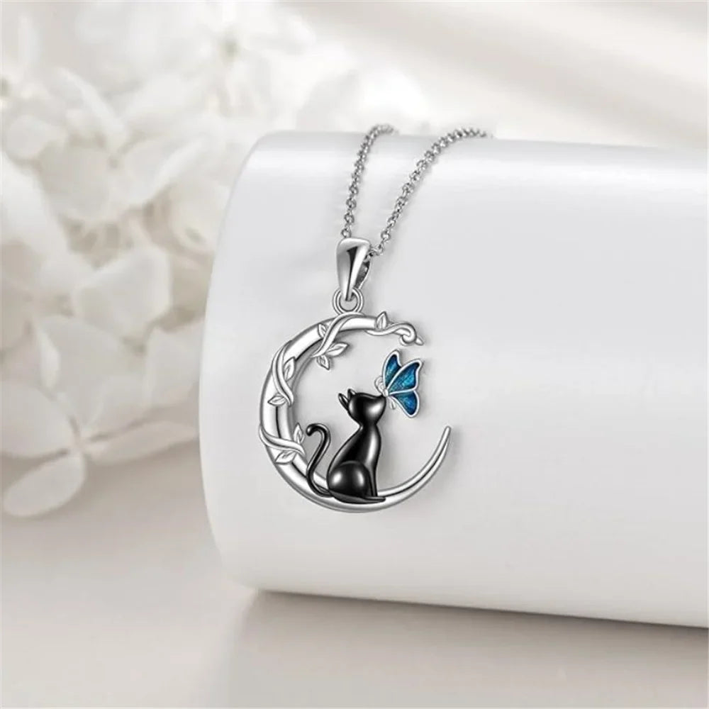 Moon Cat Butterfly Crystal Pendant Necklace