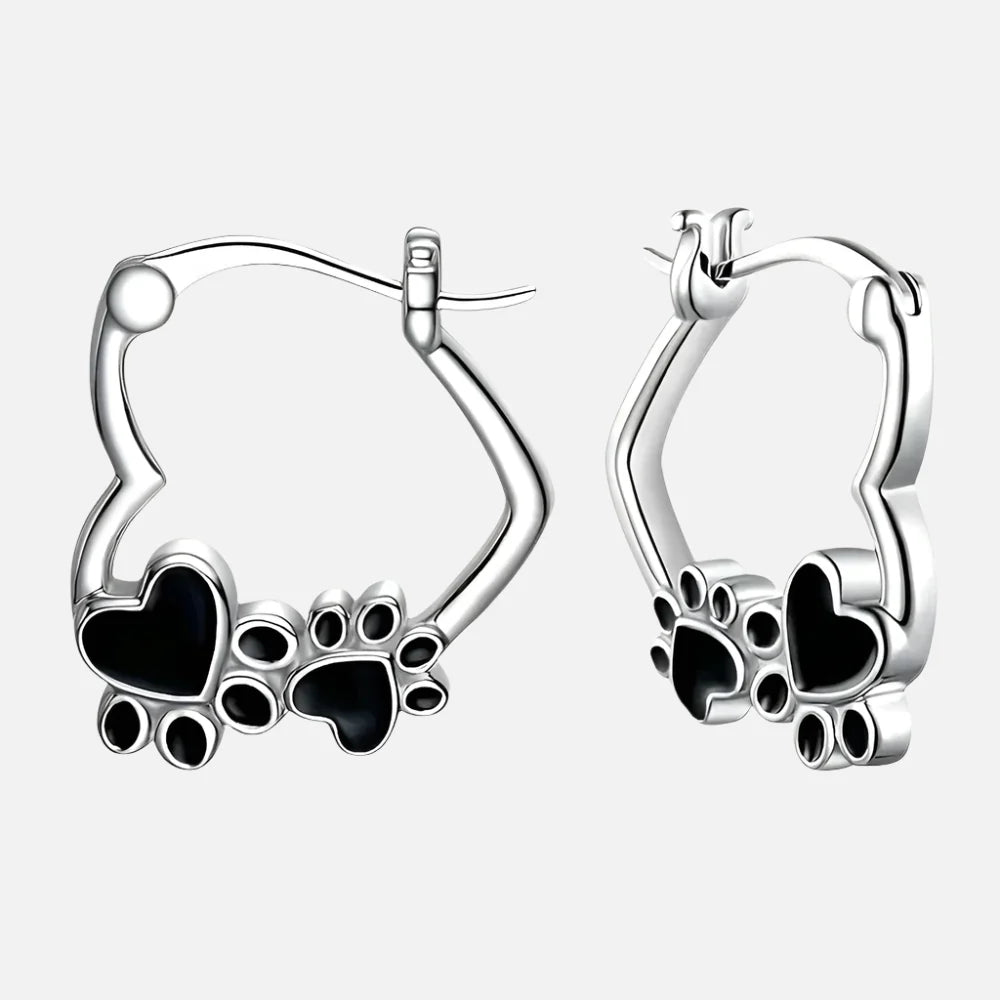 Heart Paw Huggie Earrings with Black Enamel