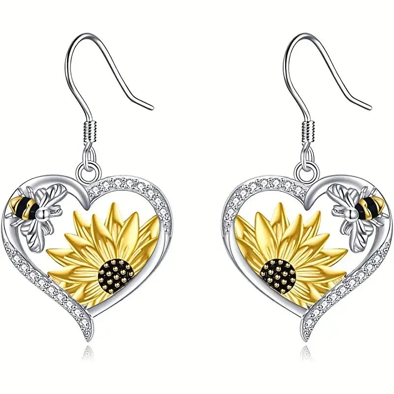 Vintage Boho Sunflower & Bee Heart Dangle Earrings